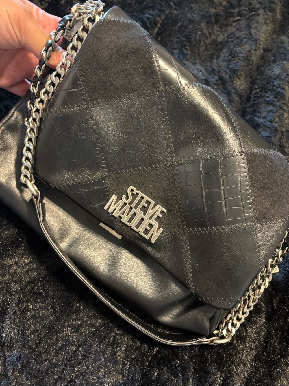 Steve Madden Black Quilted Patchwork Chain Shoulder Bag
